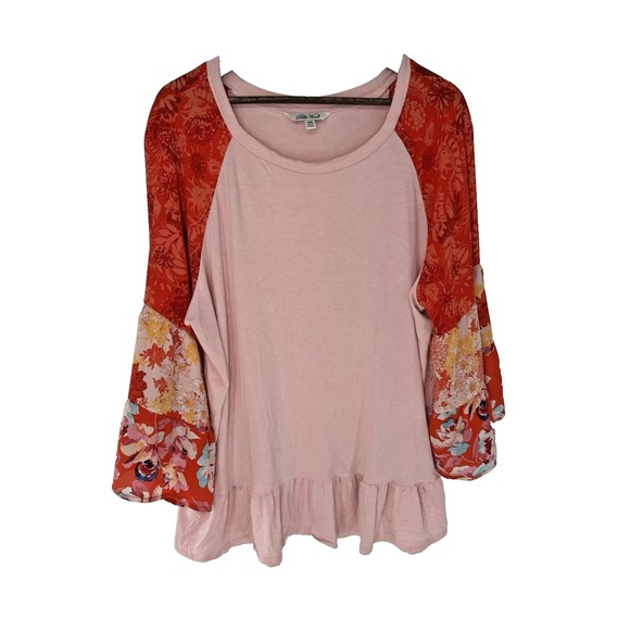 PIONEER Tops - Pioneer Woman Patchwork Pink Print Tiered Bell Sleeve Boho Festival 3X Ruffle
